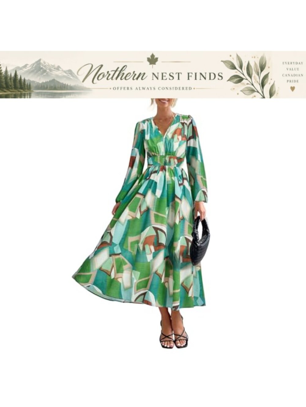 Women's Floral V Neck Long Sleeve Midi A-Line Flowy Dress Casual Fall Wedding